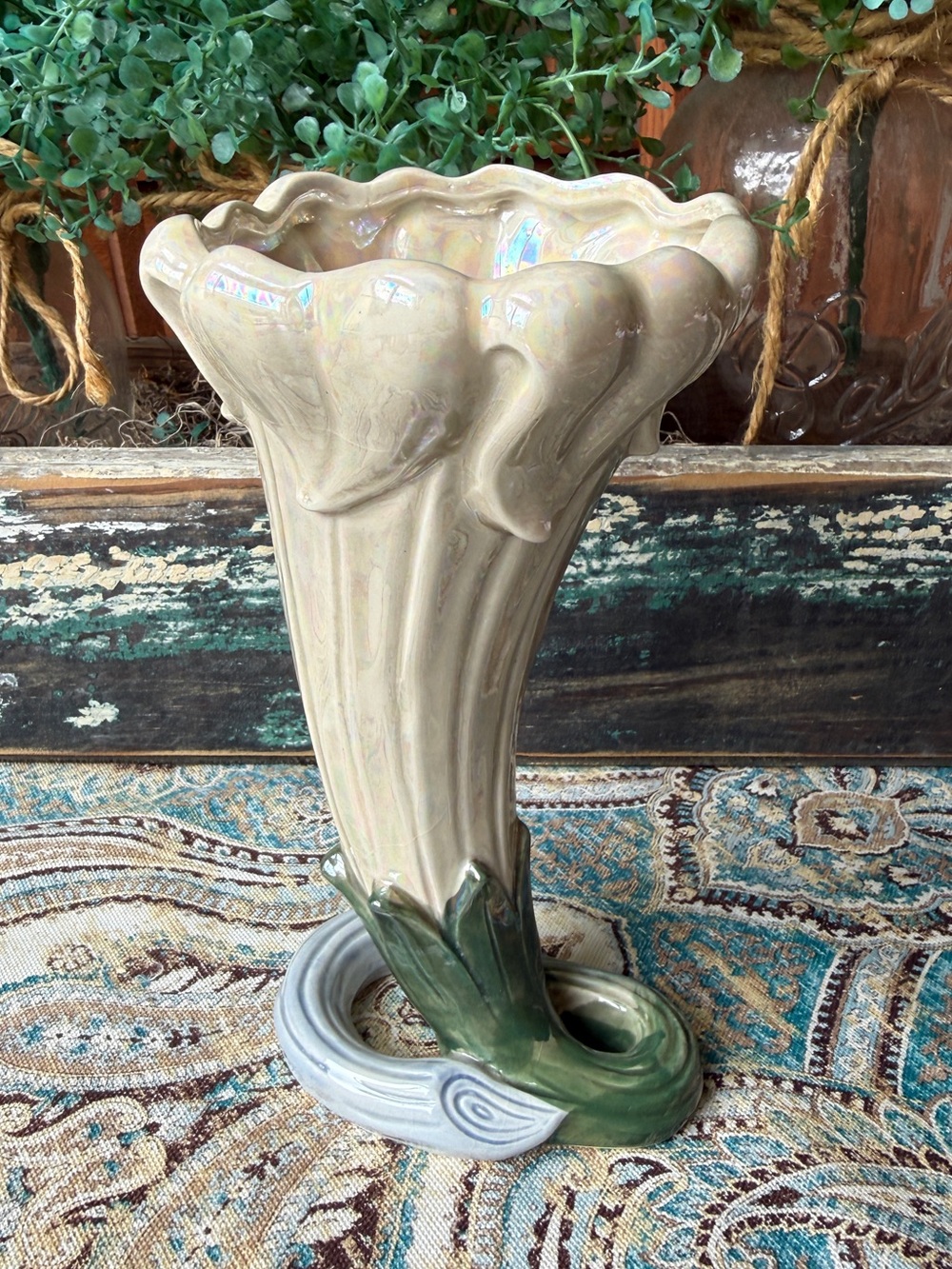 Floral Trumpet Vase Iridescent Ceramic Green Leaves Vintage Lusterware